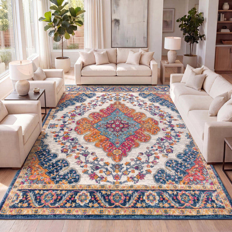 Lathan Power Loom Blue/Yellow/Cream Rug, Rectangle 2' x 3'