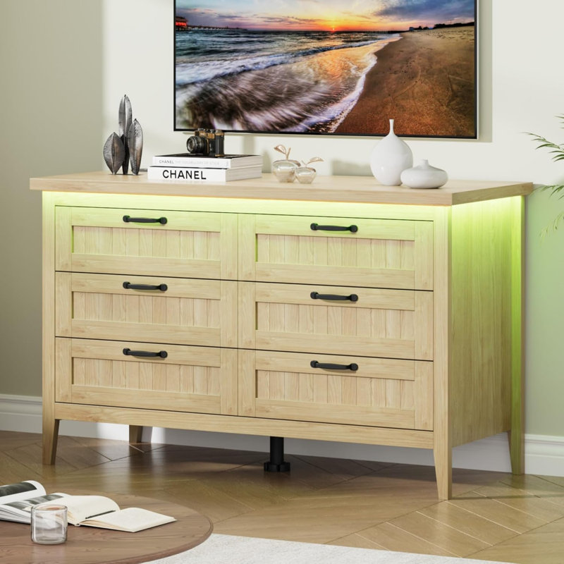 Commode 6 tiroirs, prise de courant et lumière DEL, commode double pour chambre à coucher, Jaune