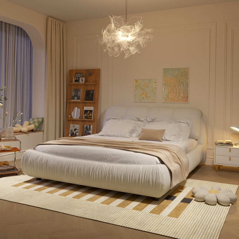 Très grand lit plateforme tapissier très grand avec dossier rembourré surdimensionné et structure en bois, convient à plusieurs hauteurs de matelas, beige