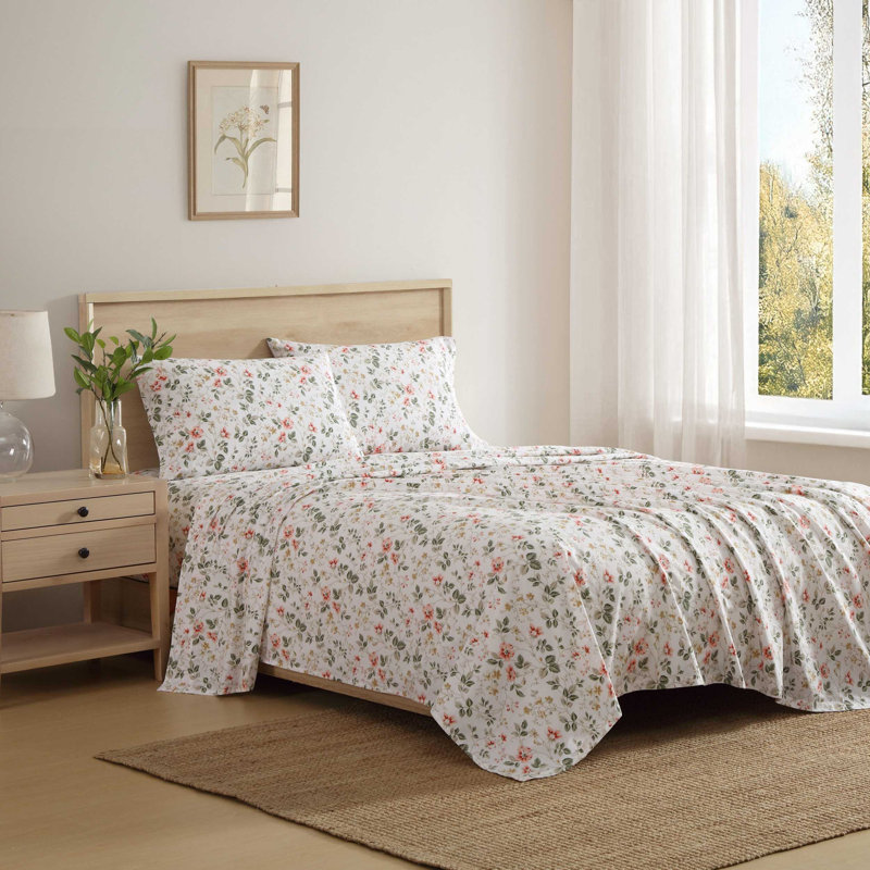 Percale Novelty 200 Thread Count Printed Cotton Sheet Set, King Sheet Set with 2 King Pillowcases,  Gold Meadow Floral