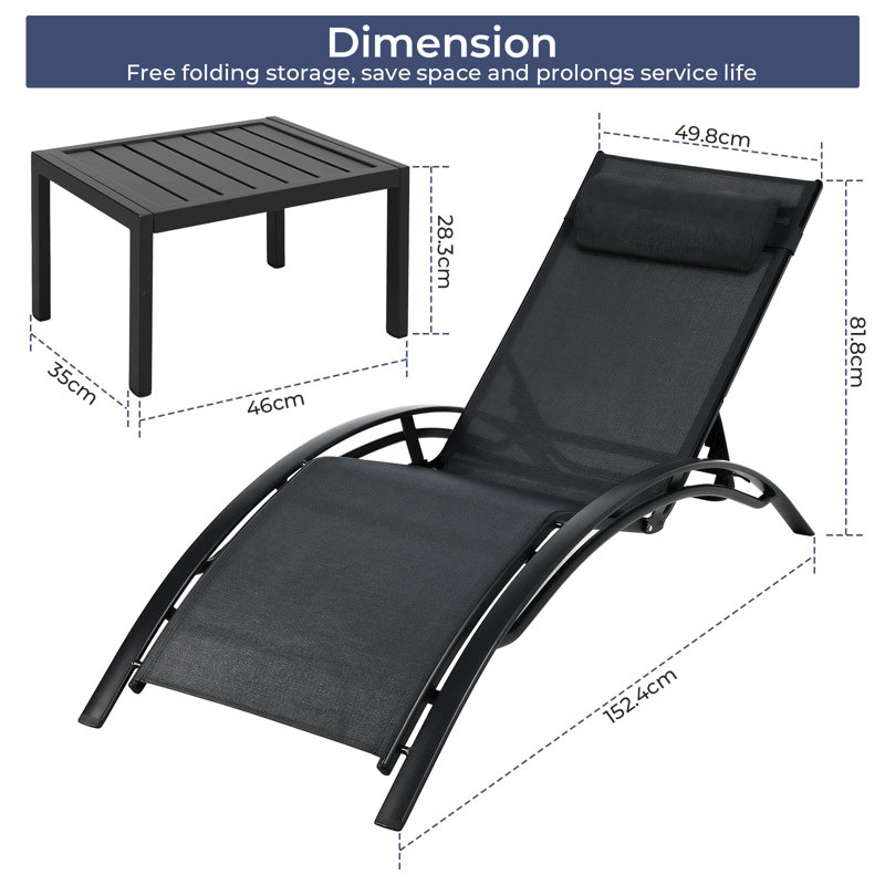60'' Long Reclining Chaise Lounge Set with Cushions and Table, Black