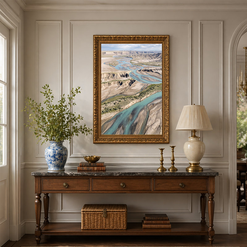Vue aérienne de la rivière Turquoise sinueuse dans un canyon aride, art mural sur toile, 18"H x 12"W