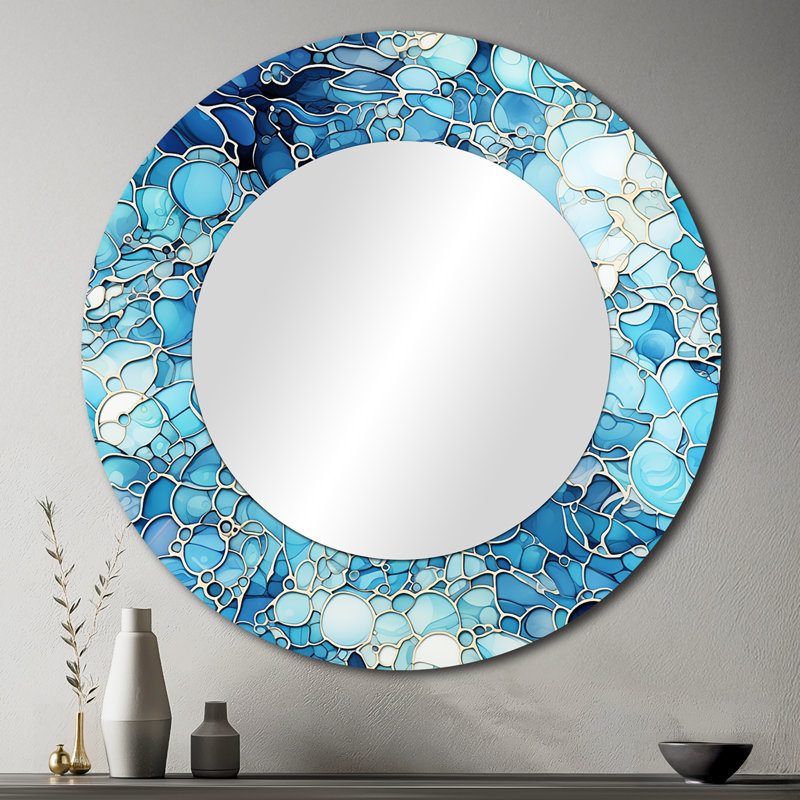 Ocean Blue Mosaic Turquoise - tropical  Mirror, Blue Unique Wall Mirror, Printed Metal Art, 36" x 36", Round