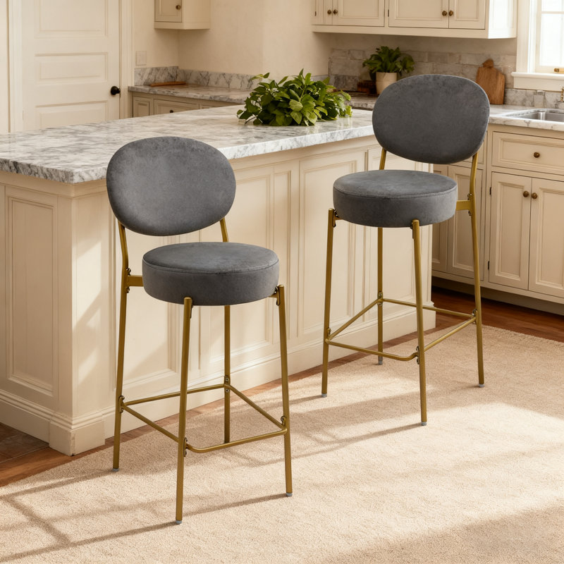 Mercer41 Velvet Upholstered Bar Stools Round Counter Stool(Set of 2 ...