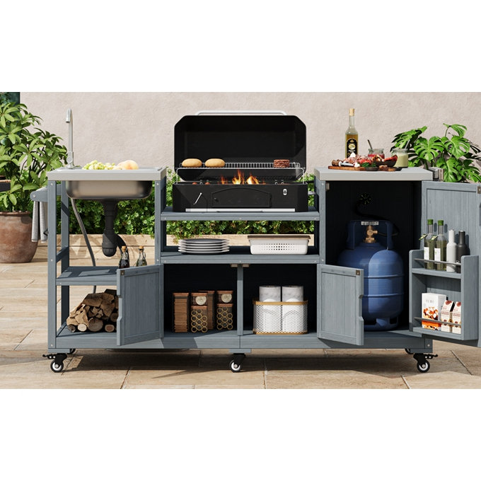Îlot de cuisine 75,4 "avec évier pour œuf vert XL, Bleu gris