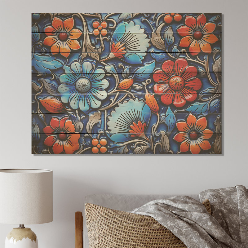 Floral bohème bleu et orange mosaïque 5 - mosaïque bohème sur bois, H 10 po x l 20 po