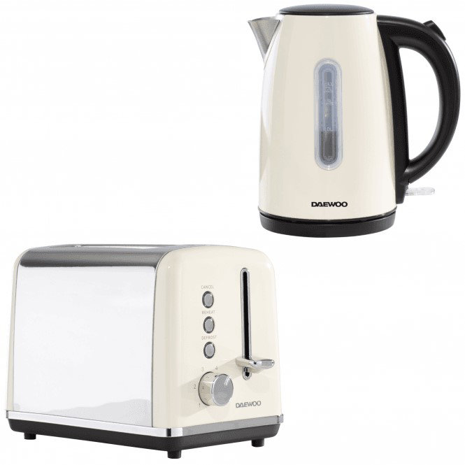 Daewoo Cream Kensington 1.7 Litre 3000 Watt Matching Jug Kettle And Toaster Set 2 Slice Stainless Steel Rapid Boil Reheat Defrost