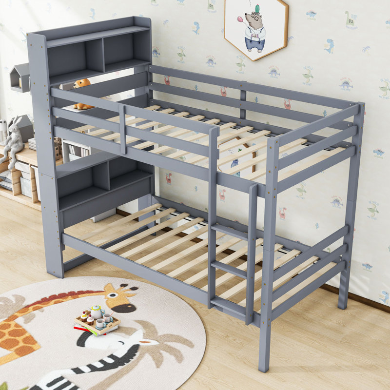 Lit superposé simple en bois avec bibliothèque, Gris