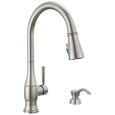 Delta Hazelwood Brushed Nickel Kitchen Faucet with Pull Down Sprayer and Soap Dispenser, Modern Single Hole Kitchen Sink Faucet, Single Handle, Spotshield Stainless