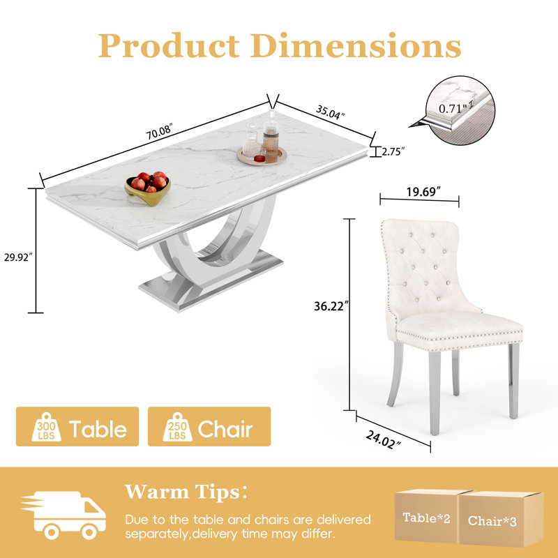 7-Piece Dining Table Set, Marble Veneer MDF Table with 6 Velvet Dining Chairs – Modern Dining Furniture for 6, White/Silver