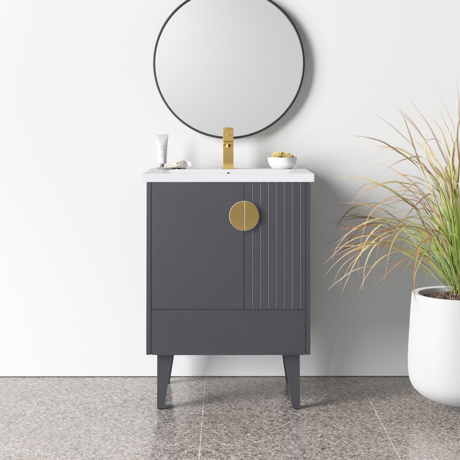 Saimah 24'' Single Bathroom Vanity, Satin Brass, Rock Gray