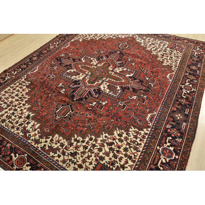 Tapis oriental rétro en laine rouge noué à la main 8 pi 6 po x 10 pi 3 po Tribal