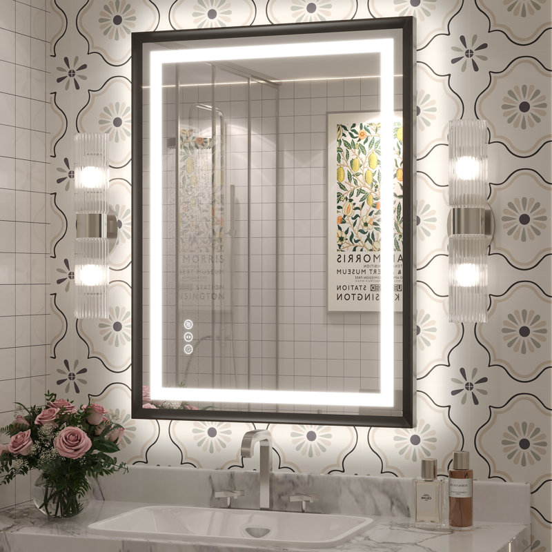 Molly Black Metal Framed LED Front Light and Backlit Anti-Fog Wall Bathroom/ Vanity Mirror, 32" H x 24" W
