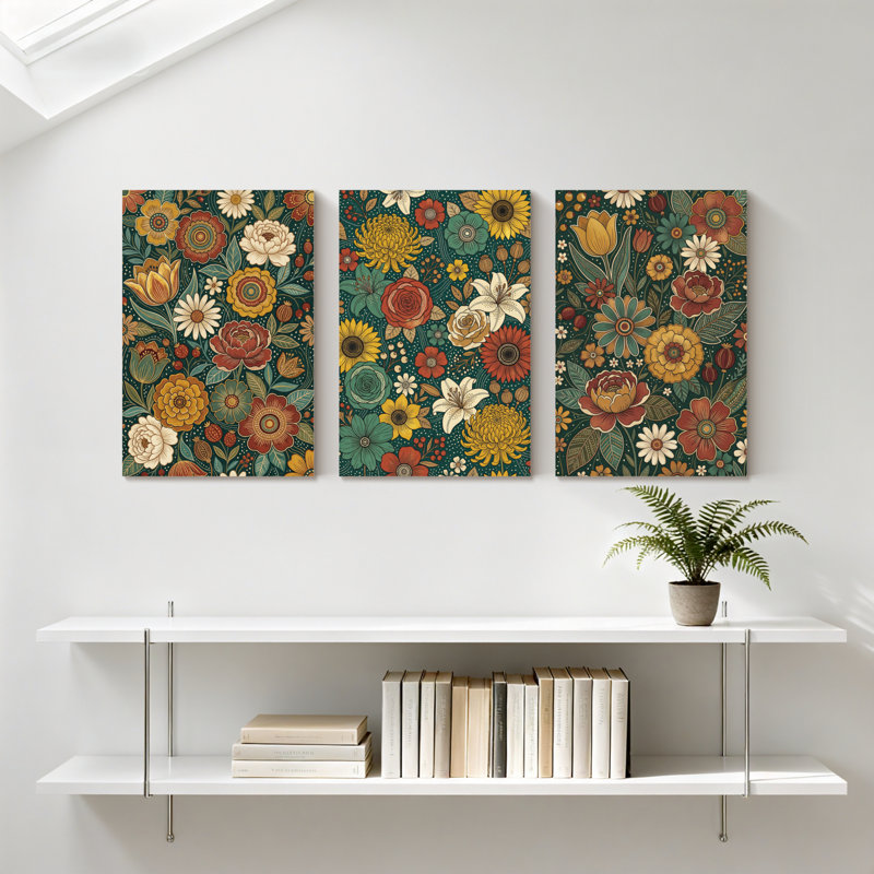 Plantes et fleurs, motif floral avec couleurs vives et feuilles, ensemble de 3 impressions sur toile, H 24 po x l 48 po
