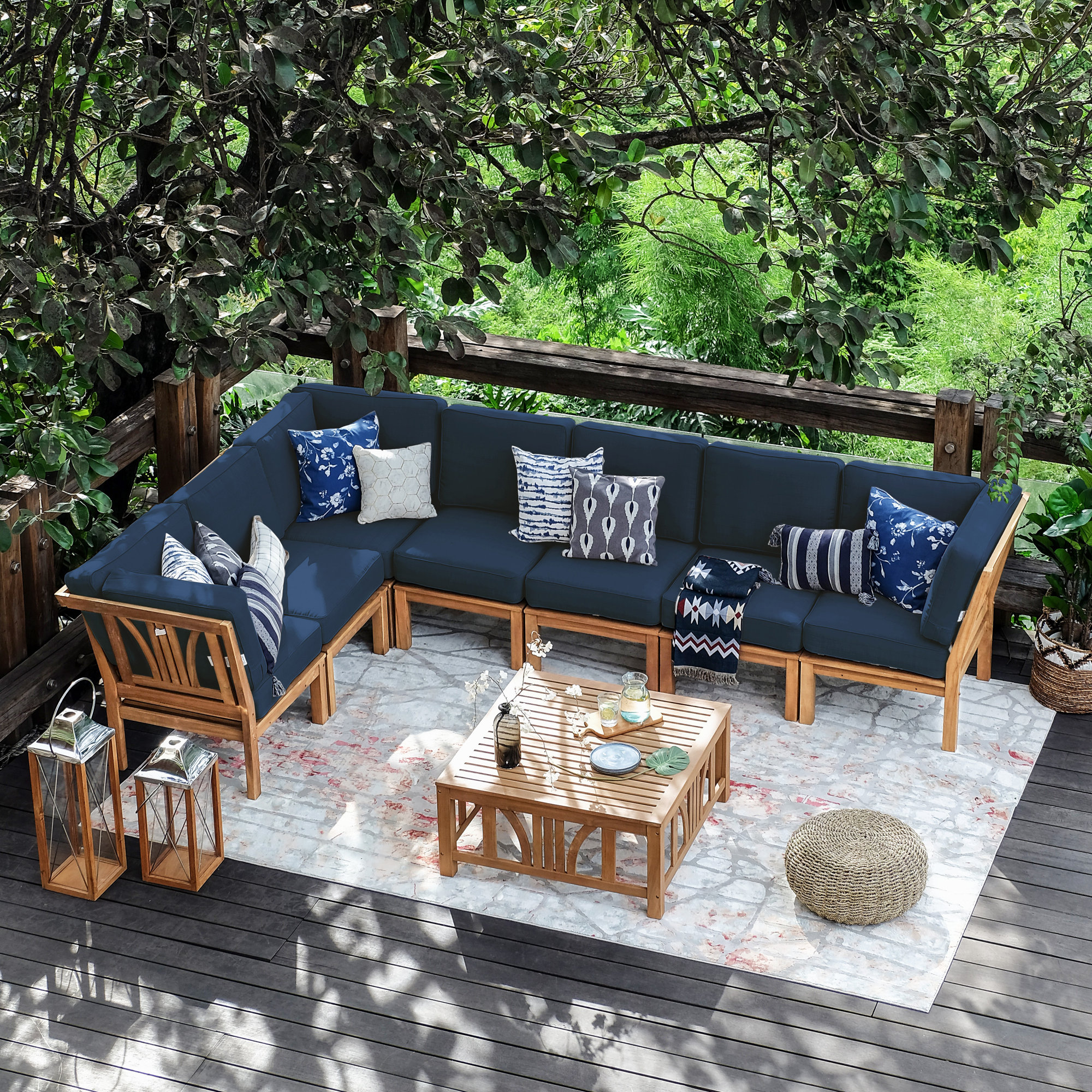Brunswick 7-Person Teak Modular Outdoor Conversation Sets with Cushions, Navy Performance Olefin