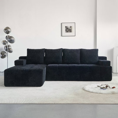 Modern Style L-Shaped Sectional Sofa with Side Pockets,wireless charging device, two USB charging ports, one cup holder, Bluetooth speaker,Reversible Lounge Chaise, Chenille Material,Black Color
