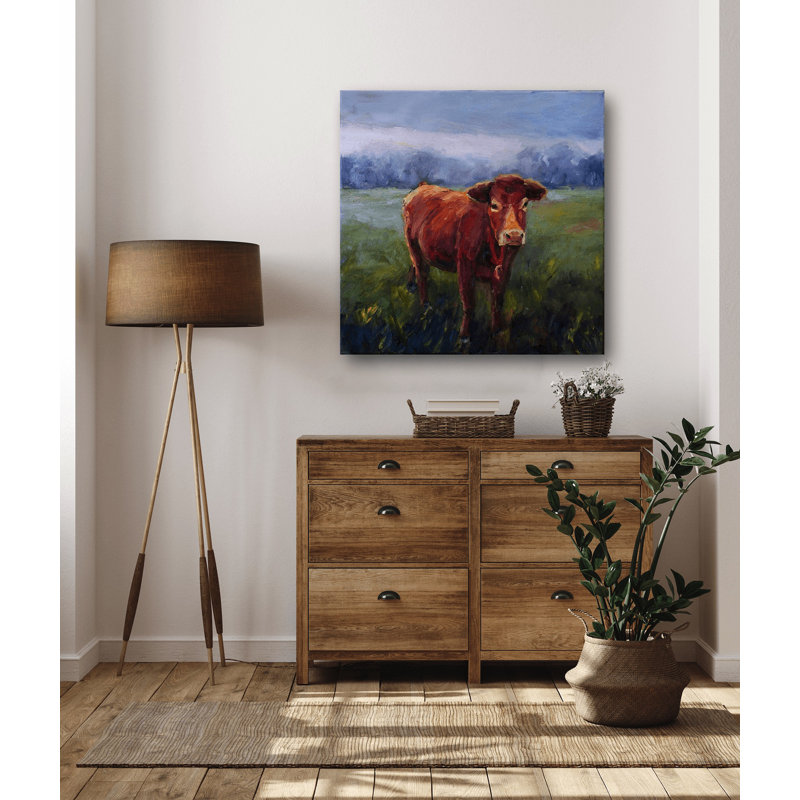 RED COW BELL RED COW BELL - Unframed Print on Canvas, 30" H x 30" W x 1.75" D, White Framed Canvas