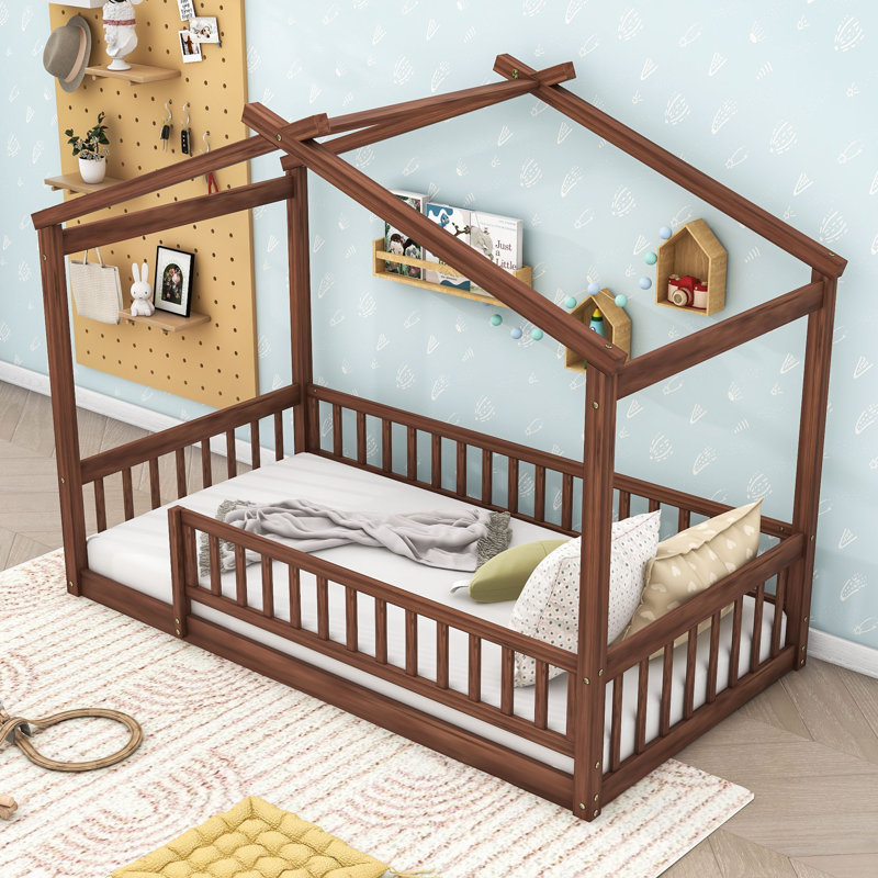 Structure de lit en bois avec clôture et lattes Dorset, Simple, Noyer