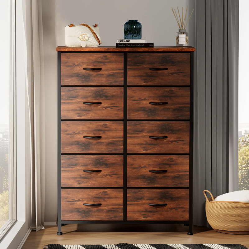 Commode en tissu à 10 tiroirs l 31,4 po avec plateau en bois et commode, Brun rustique