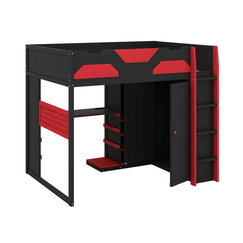 Lit mezzanine en bois avec bureau, garde-robe, tablettes à plusieurs rangements, lit de jeu avec lumière USB et RVB, Rouge
