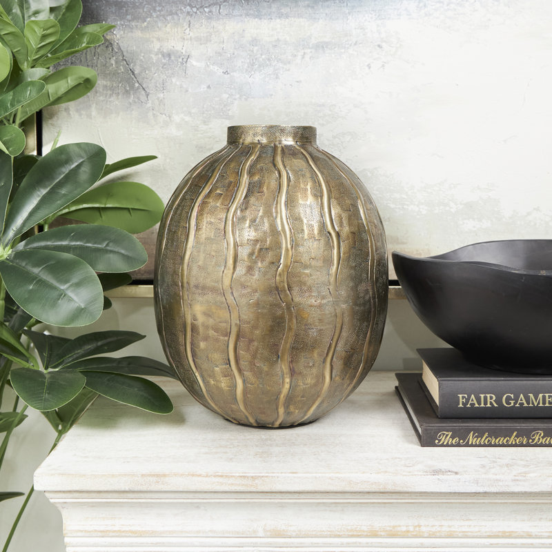 Montera Metal Snakeskin Inspired Decorative Brass Vase with Dimensional Wavy Accents