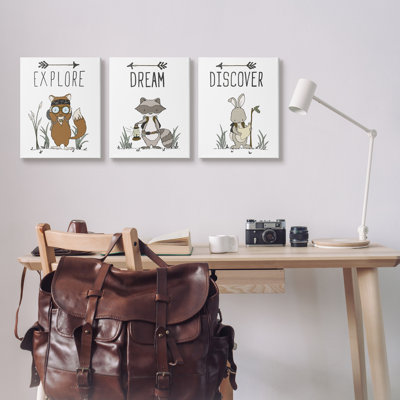 Explore Dream Discover Arrows Motivational Kids Animals by Sweet Melody Designs - 3 Piece Wrapped Canvas Graphic Art Set -  Stupell Industries, a3-157_cn_3pc_16x20