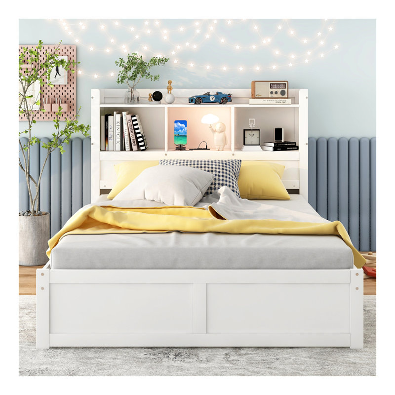 Lit plateforme double avec tablettes coulissantes, lit gigogne simple et 2 tiroirs, blanc