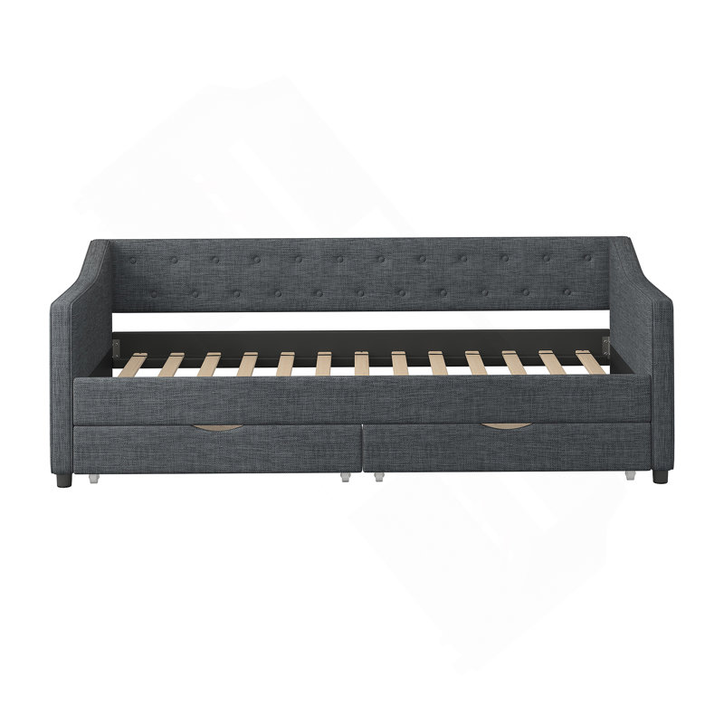 Twin Size Daybed with Drawers Upholstered Tufted Sofa Bed, with Button on Back and Piping on Waved Shape Arms-Dark Grey, Twin