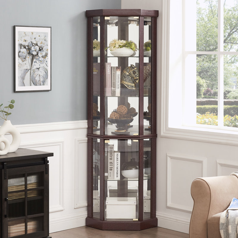 Corner Lighted Curio Cabinet Corner Glass Cabinet, Cherry