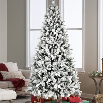 Arbre de Noël 7,5 pi floqué avec 400 lumières DEL colorées avec boule G45, arbre réaliste articulé en PE + PVC + aiguille dure avec fil mémoire, 10 modes d'éclairage, interrupteur au pied et support en métal stable