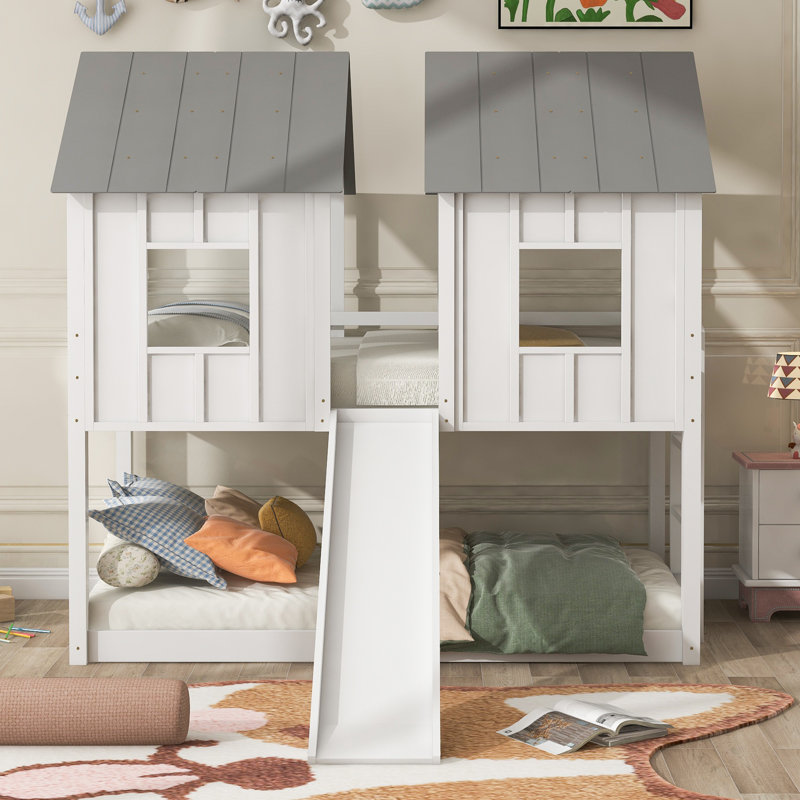 Twin Over Twin House Bunk Bed with Slide and Windows, White Wooden Kids Loft Bed Frame with Fun Playhouse Design