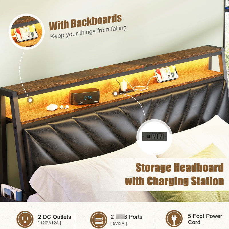 Tête de lit inclinable de 105 degrés avec lumières à DEL, fonction de charge, cadre silencieux brun rustique avec tête de lit tapissier, charge, silencieux, antique