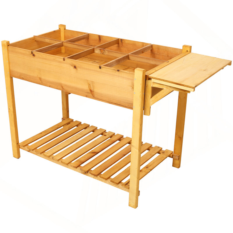 Support de jardinière surélevée en bois avec jardinière surélevée 8 poches avec table d'appoint pliable et tablette de rangement pour herbes / légumes / fleurs