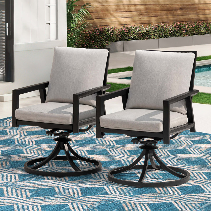 Chaises pivotantes d'extérieur en aluminium 2 pièces avec coussins gris