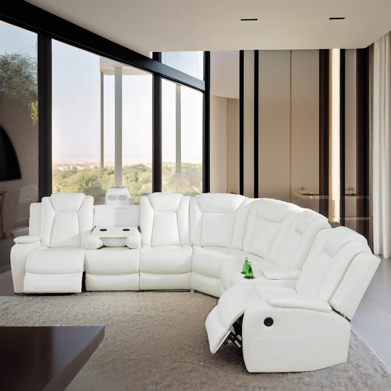  7 Seater Power Recliner Sectional Sofa Couch with LED, Leather Living Room Furniture Sofa Set, Creamy White