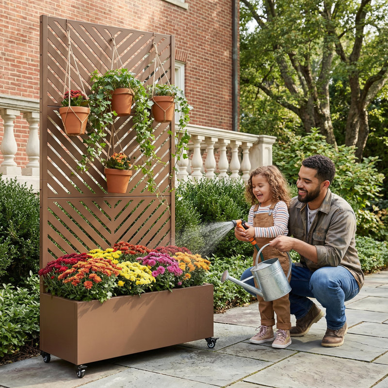Boîte à fleurs en métal avec treillis Euel, H 72 po x l 35 po x P 16 po, Brun, 1