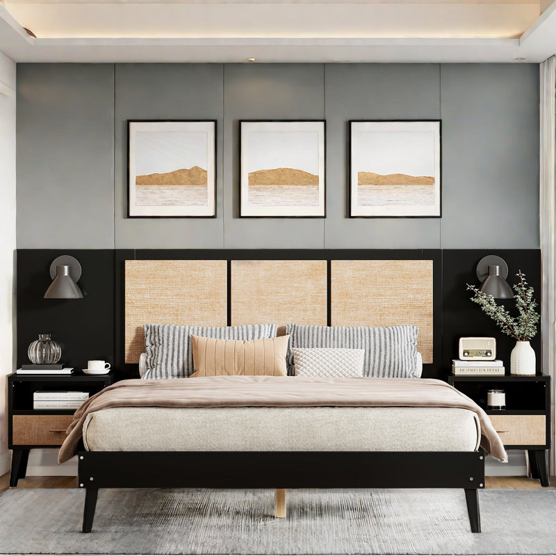 Colaluca Bed With 2 Nightstands And 2 Lamps, Rattan And Wood Combination, Black