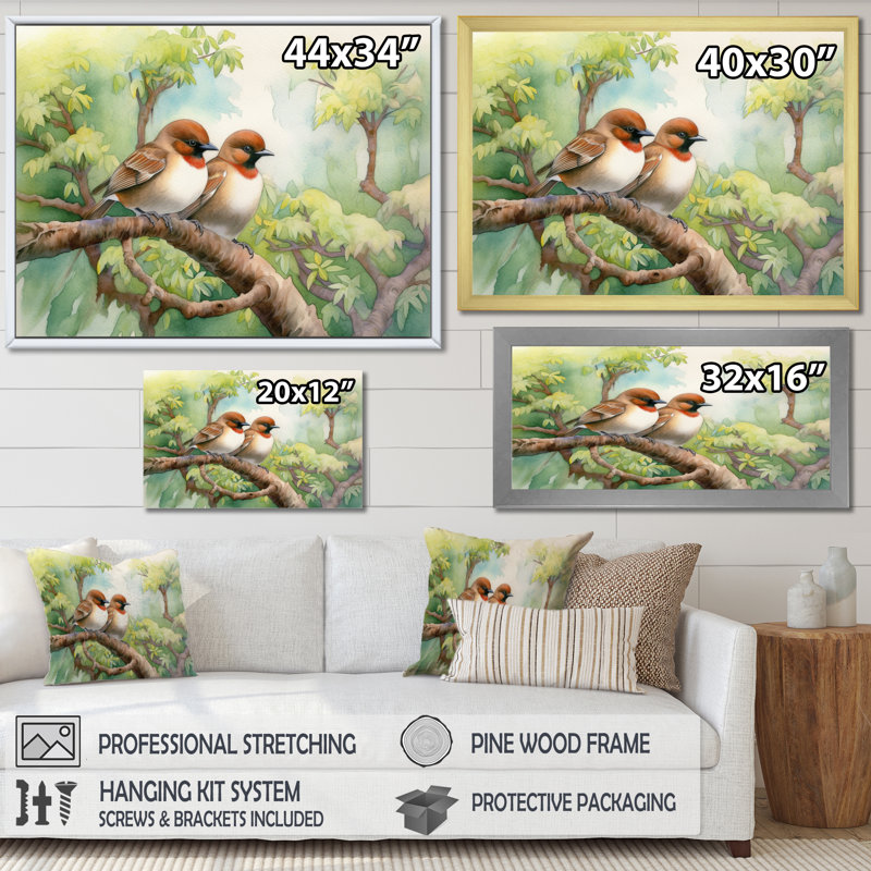 Oiseaux du printemps I sur toile, Cadre photo noir, H 24 po x l 32 po x P 1 po