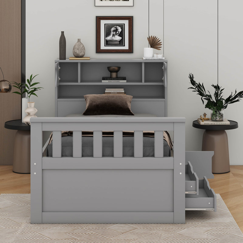 Base de lit plateforme simple avec bibliothèques de rangement et tablettes, tiroirs, Gris