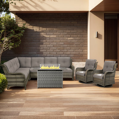 Ensemble de conversation pour patio 7 personnes avec foyer avec coussins Carolina Wicker
