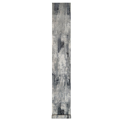 Tapis de couloir oriental noir 2 pi 5 po x 19 pi 9 po avec touches ivoire, motif abstrait noué à la main en laine et soie