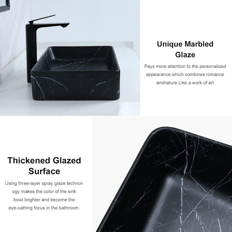Davivy 13.3'' Black Ceramic Rectangular Vessel Bathroom Sink with Above Counter