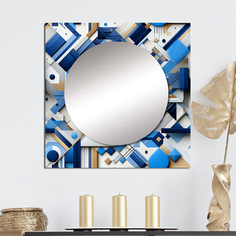 Blue and White Matrix Grid - Miroir carré moderne mural pour chambre à coucher, 23 po x 23 po