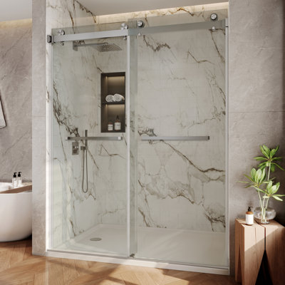Porte de douche sans cadre H 68 po x l 68 po x H 80 po Sola en nickel brossé, verre trempé transparent de 3/8 po (10 mm) avec 2 barres à serviettes Solco