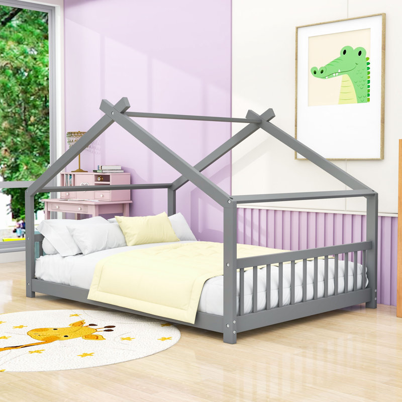 Charmant lit en bois avec toit, Double, Gris