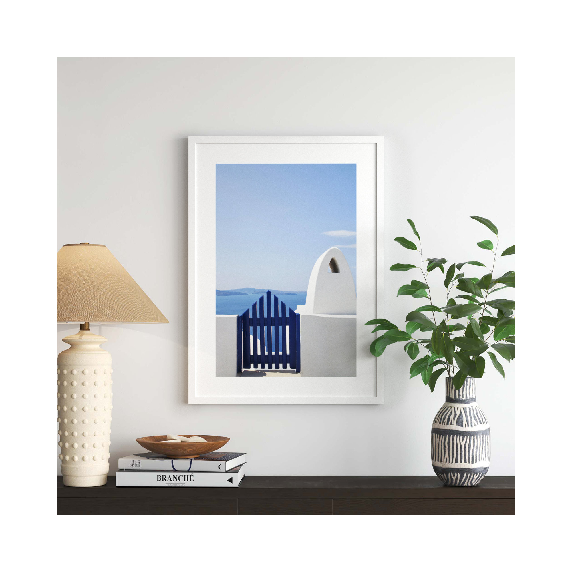 Oia Blue Fence by Golie, White, 33" H x 24" W