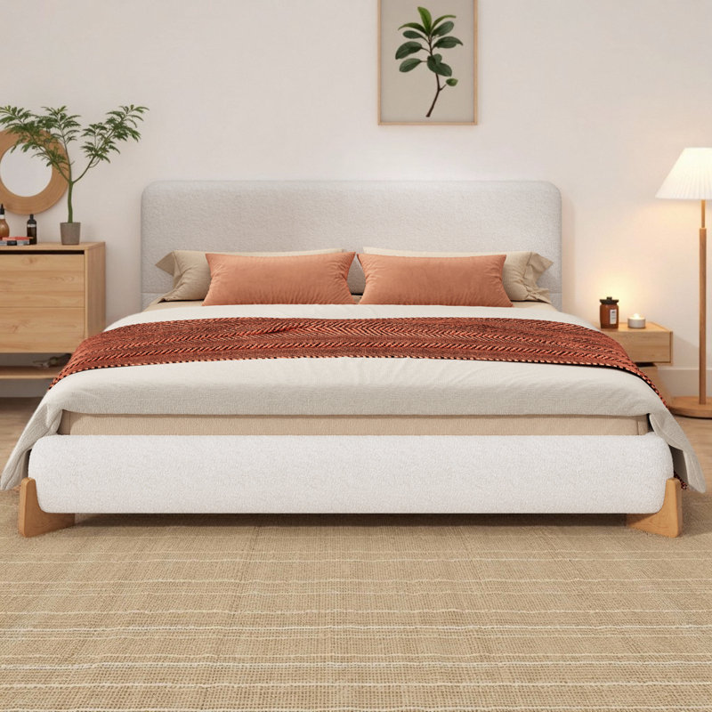 Lit tapissier luxueux avec structure en bois massif, lit plateforme moderne avec pieds et support à 12 lattes, King