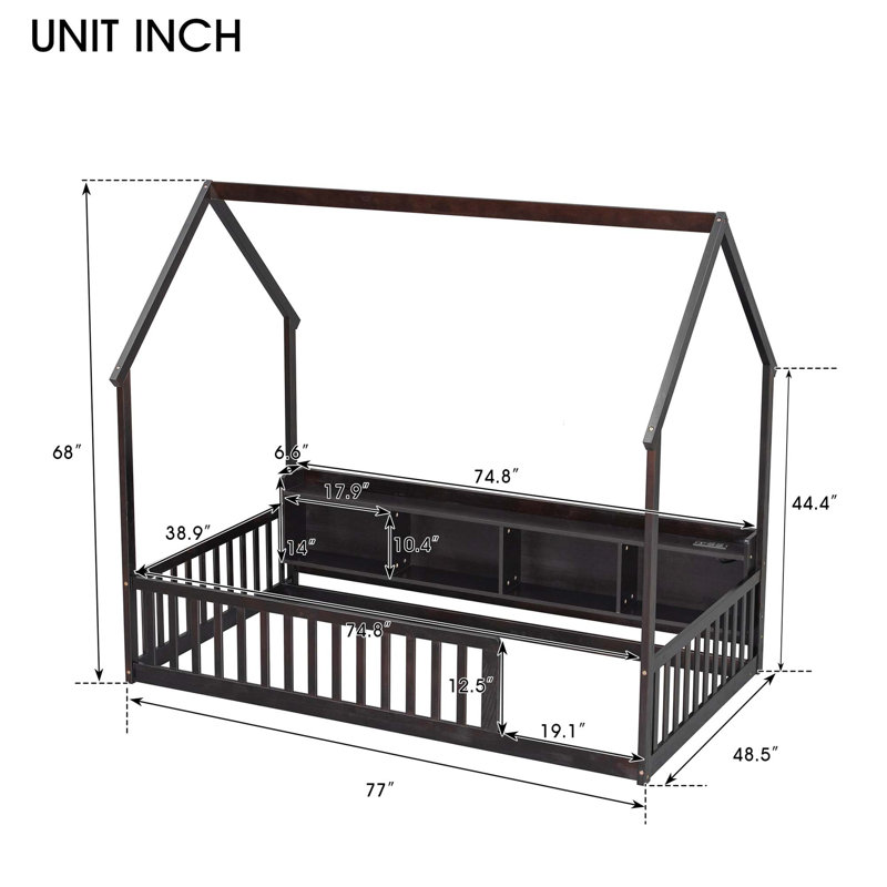 Lit de maison avec rangement intégré, éclairage DEL et station de charge, Espresso