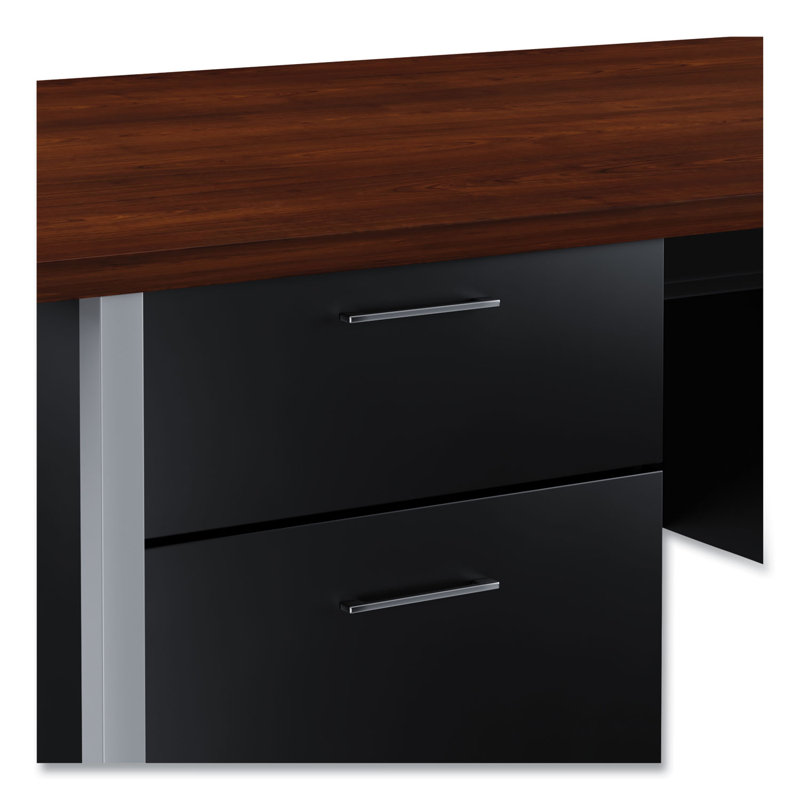 Walnut and Black Executive Desk with Filing Cabinets and Drawers