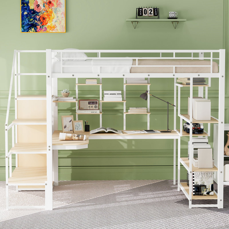 Lit mezzanine double en métal avec escalier de rangement et petite armoire, bureau intégré et tablettes de rangement, blanc